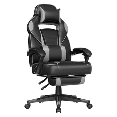 SONGMICS Sedia da Ufficio, Poltrona Racing Ergonomica, Poggiapiedi Telescopico, Schienale Inclinabile, Poggiatesta e Supporto Lombare, Portante di 150 kg, Nero Inchiostro e Grigio Tortora OBG073B03