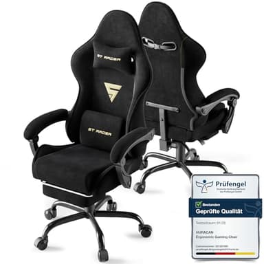 Huracan Sedia da Gaming Ergonomica, Gamer chair Con Cuscino Lombare + Poggiatesta, Sedia Gamer Regolabile In Altezza, Poltrona da gaming Schienale Inclinabile, Poggiapiedi Incluso, Nero