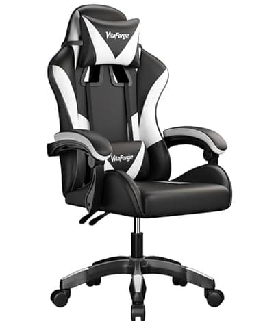 VitaForge Sedia da Gaming, Sedia per Computer Ergonomica a Schienale Alto Stile Racing con Poggiatesta e Supporto Lombare Regolabili, Girevole in Pelle PU per Adulti, Nero/Bianco