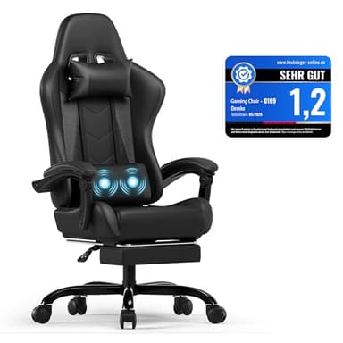 Devoko Sedia da Gaming Massaggiante con Poggiapiedi Telescopico, Sedia Gamer con Cuscino Lombare & Poggiatesta, Ergonomico Sedie da Ufficio Schienale Regolabile 90-135°, Portata 150 kg (Nero)