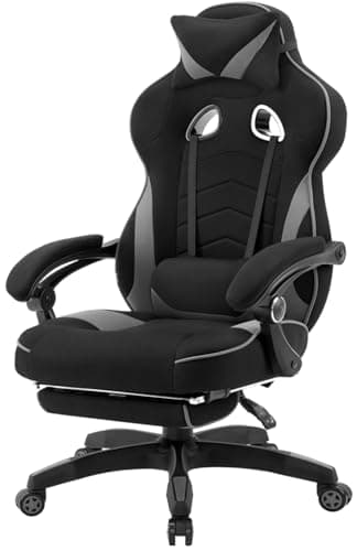 WOLTU Sedia da Gaming Tessuto Traspirante, Fresco D'estate, Poltrona Gamer Ergonomica con Poggiapiedi, Schienale & Sedile Grandi Comodo, Nero+Grigio